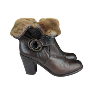 Sesto Meucci Harness Ankle Booties Fold Over Rabbit Fur Side Zip Brown Leather 8